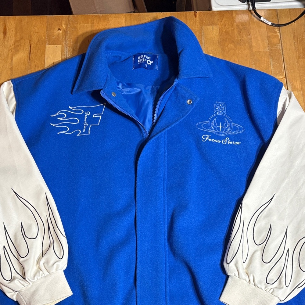 Aelfric Eden Focus Storm Blue and White Varsity Jacket